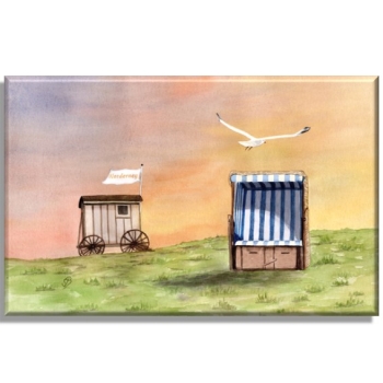 Leinwand 40 x 30 cm Keilrahmen Canvas-Leinen  Aquarell Maritim Kunst Druck Kunstdruck Nordsee Insel Norderney Strandkorb Badekarren Strand Meer Dünen